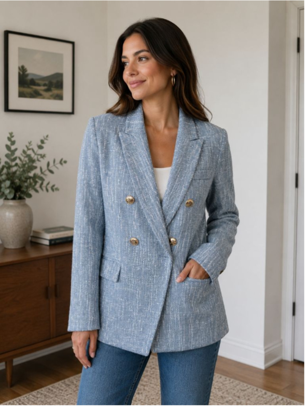 Women's Unbranded Blue White Tweed Double-Breasted Blazer L - Picture 1 of 4